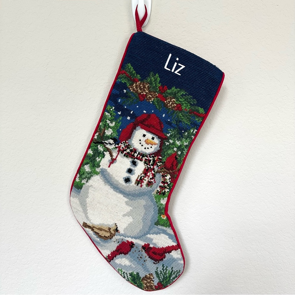 L.L. Bean Needlepoint Wool Christmas Snowman Cardinals Stocking